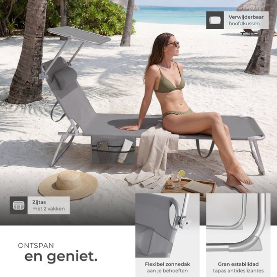 tectake® Ligbed met Zonnescherm - Zonnestoel - Ligstoel - 4 standen- Inklapbaar- Grijs - 68 x 190 x 28 cm - Met Zijvak van TecTake — afbeelding 5