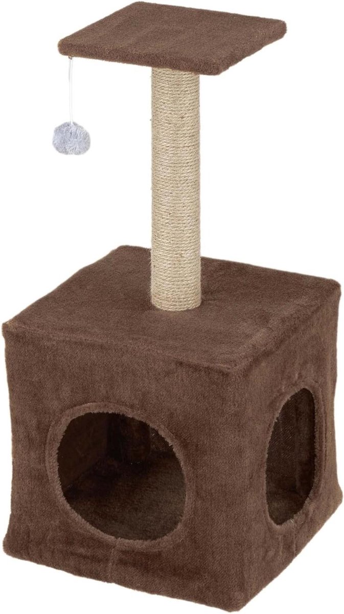 Krabpaal voor katten - Kattenmeubel - Spelen en rusten - Met hondenhok - 64 cm hoog - Bruin