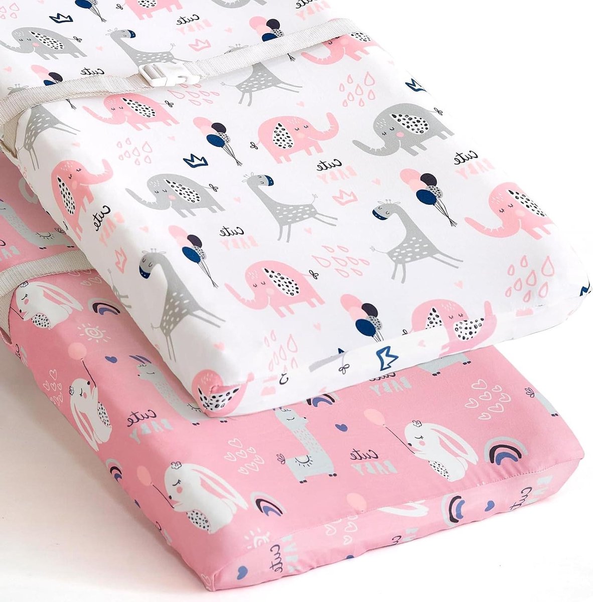 Aankleedkussenhoezen Baby - Luierwissel Hoezen - Baby Verzorgen - Ultra Rekbaar Zacht - 2 Stuks - Olifant Konijn