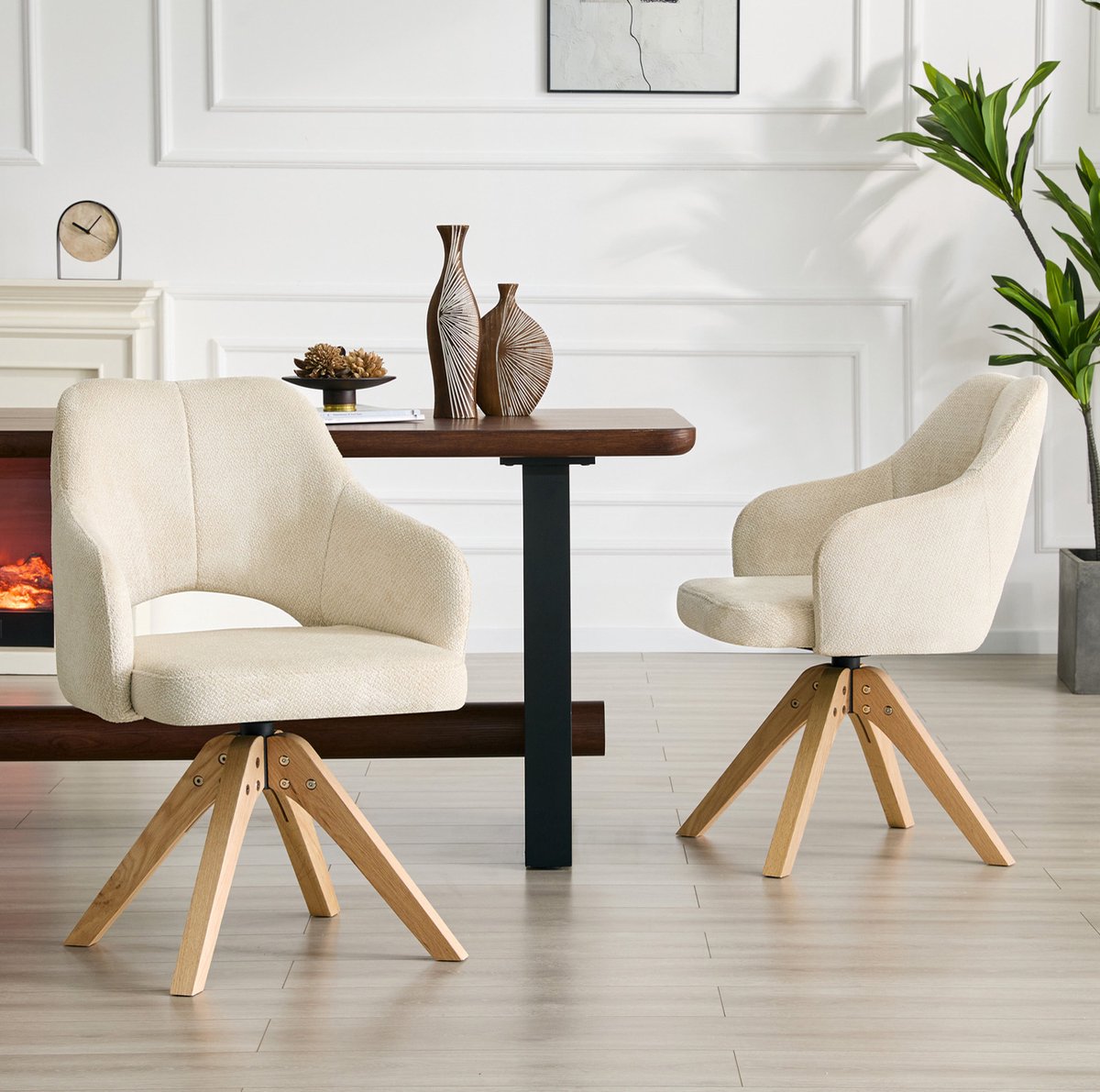 STILVORA Draaibare Eetkamerstoelen - Set Van 2 - Met Houten Poten 360 Graden Stil Draaibaar - Retro Stijl - Beige - Stof White