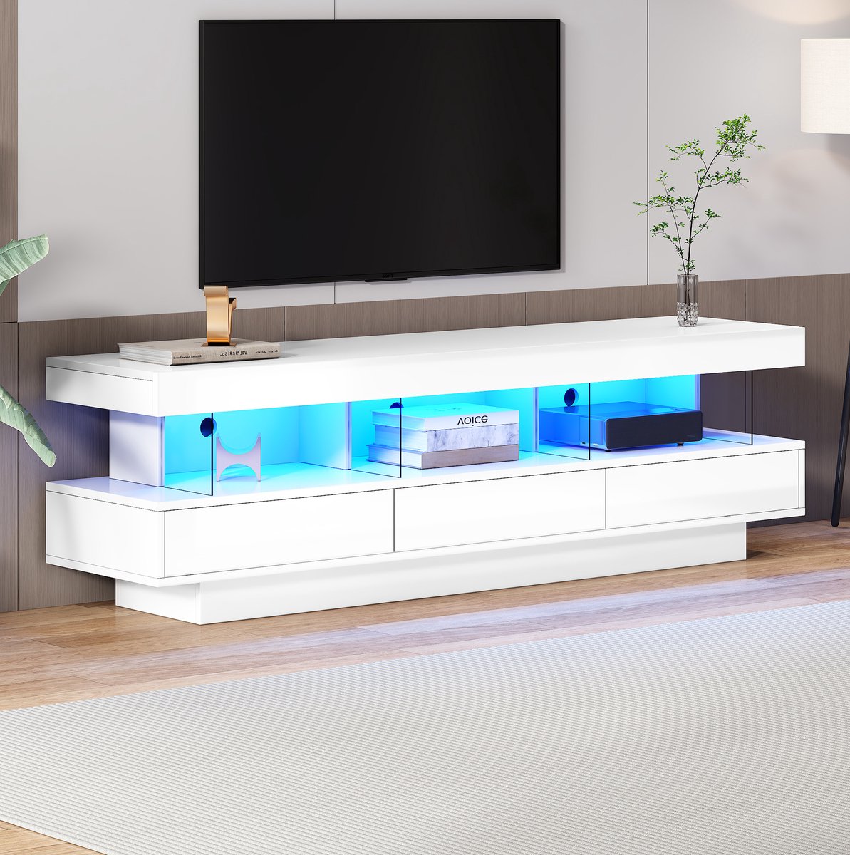 HAUSS SPOLE Dressoir - Witte Hoogglans Tv Kast Met Led Verlichting En 3 Glasvakken - Voor Woonkamer En 70 Inch Tv - Spaanplaat - 160x38x50,5 Cm