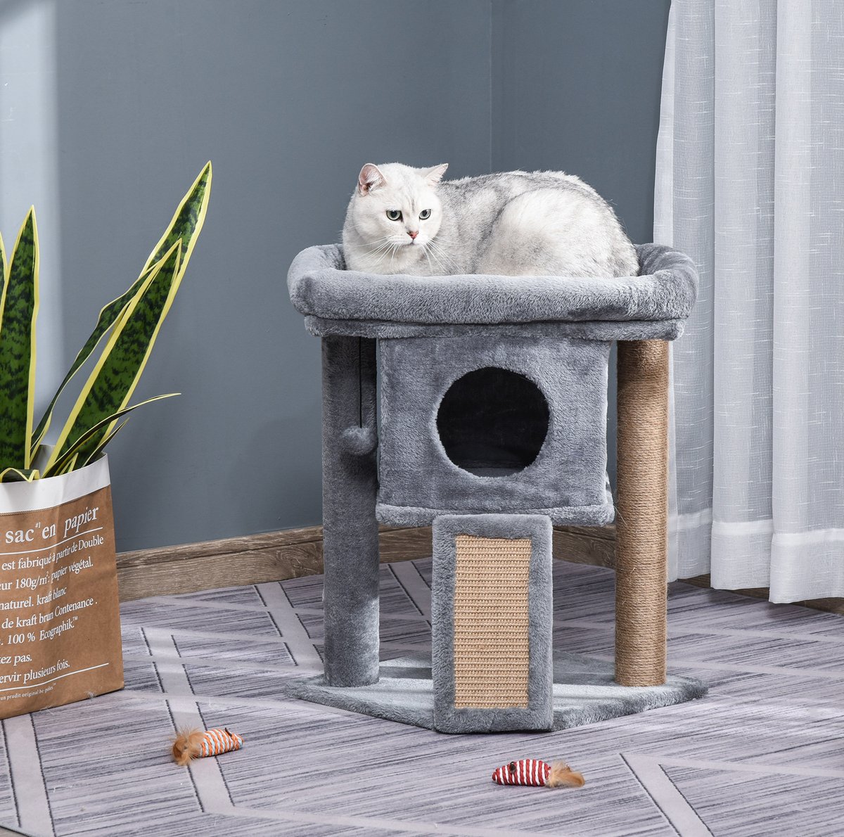 MEUNIQ krabpaal 57 cm met kattenhuisje, ligplatform, jute krabmat en speelbal, lichtgrijs krabmeubel voor spelen, krabben en rusten