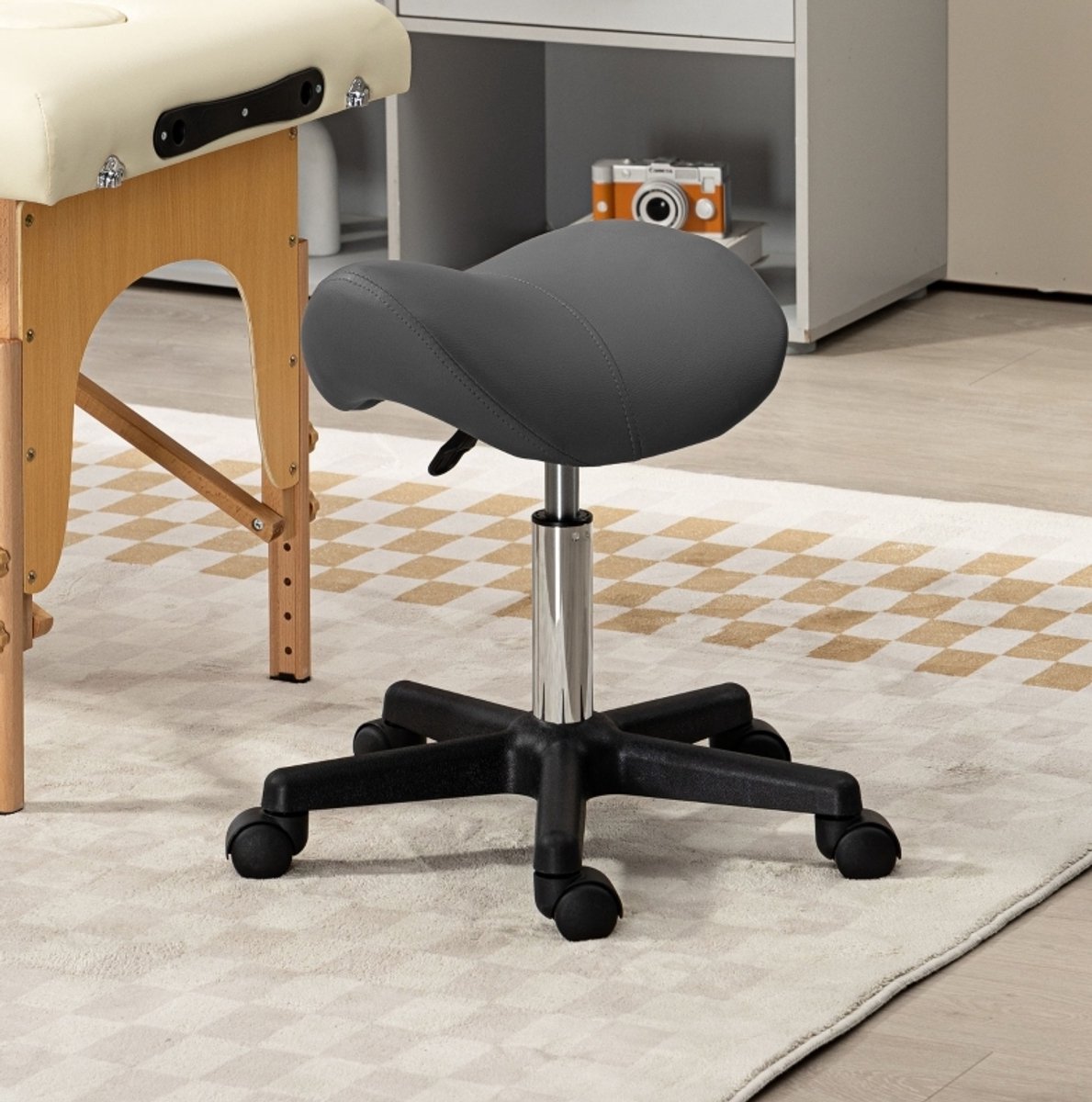 MEUNIQ Rollhocker met zadelzitting, in hoogte verstelbaar 45-59 cm, 360° draaibaar, met wielen, kunstleer, grijs, voor salon en praktijk