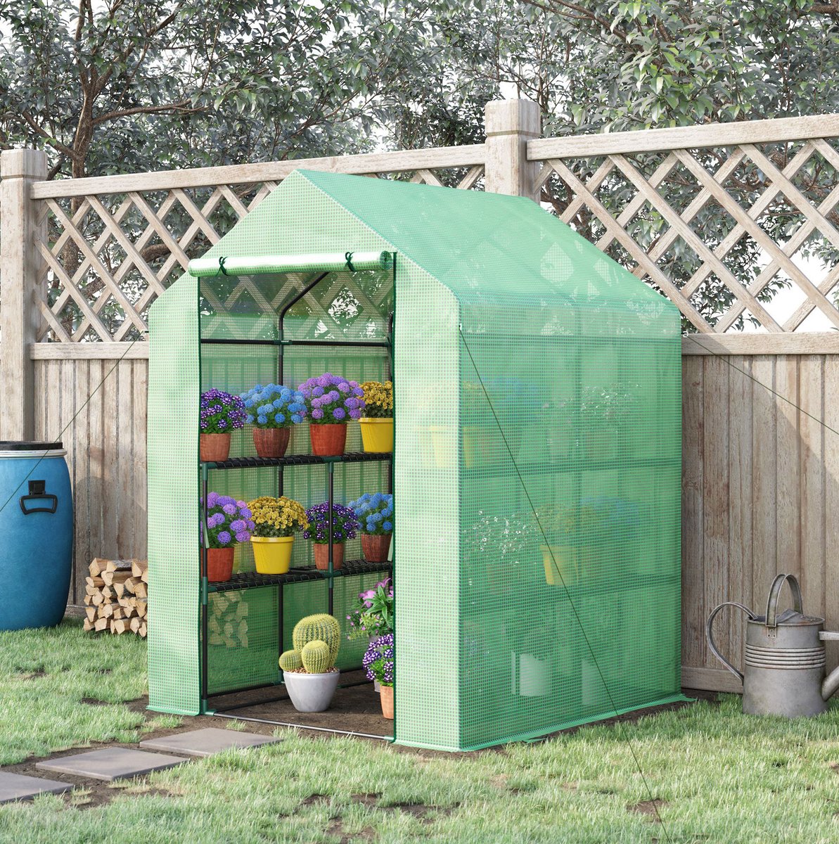 MEUNIQ Foliekas 143 x 138 x 190 cm begehbare tomatenkas met 8 planken, oprolbare deur, PE-afdekking en stalen frame voor tuin en plantenverzorging groen