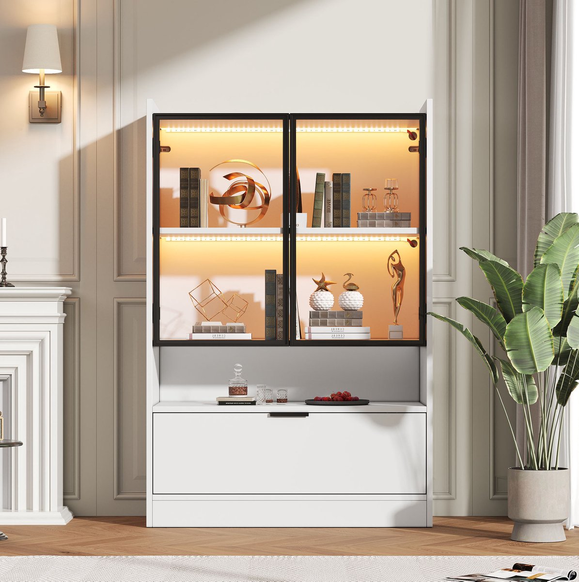 MIVRAY Vitrinekast - Matwitte LED Glasvitrine Met Veiligheidsglas En Klepdeur - Voor Woonkamer Of Eetkamer - Spaanplaat - 120x80x35 Cm