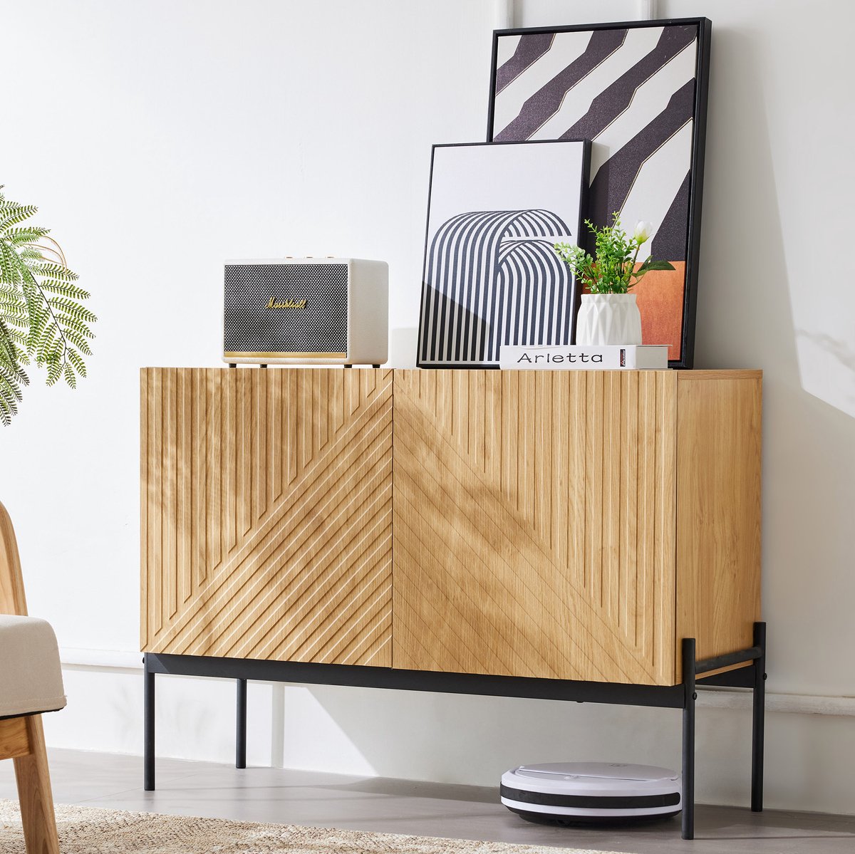 MEUNIQ dressoir met 2 deuren en verstelbare plank, 100 x 40 x 75 cm, sideboard met metalen poten en gesloten opbergruimte voor woonkamer of eetkamer, naturel
