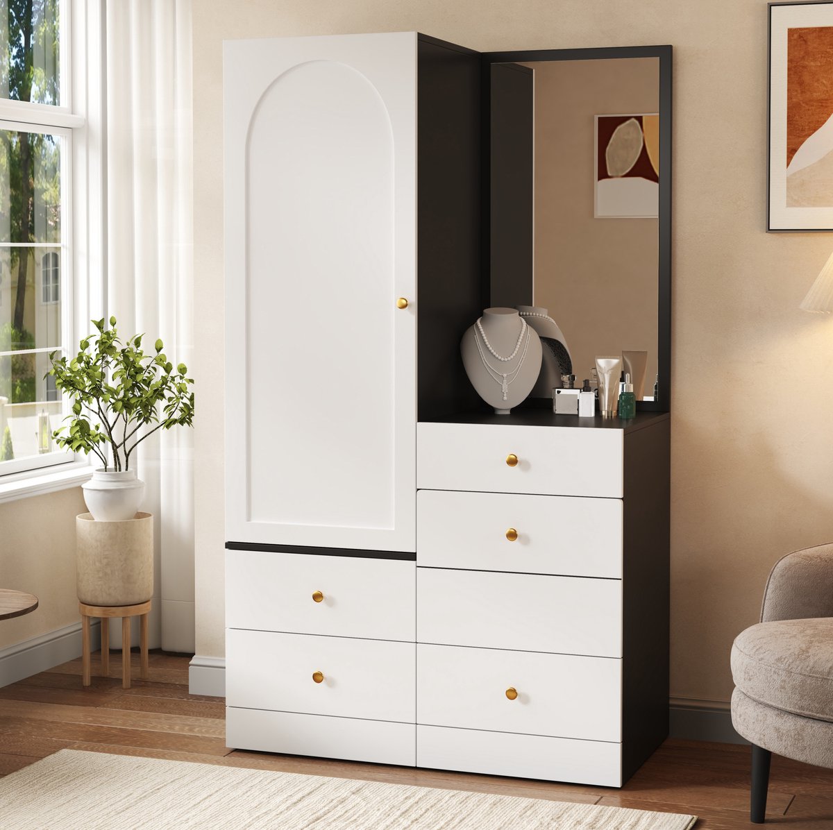 Kledingkast Met Spiegel En Uitklapbare Hocker - Opbergkast Voor Slaapkamer En Make-up - MDF - Zwart Wit - 90x50,5x160 Cm