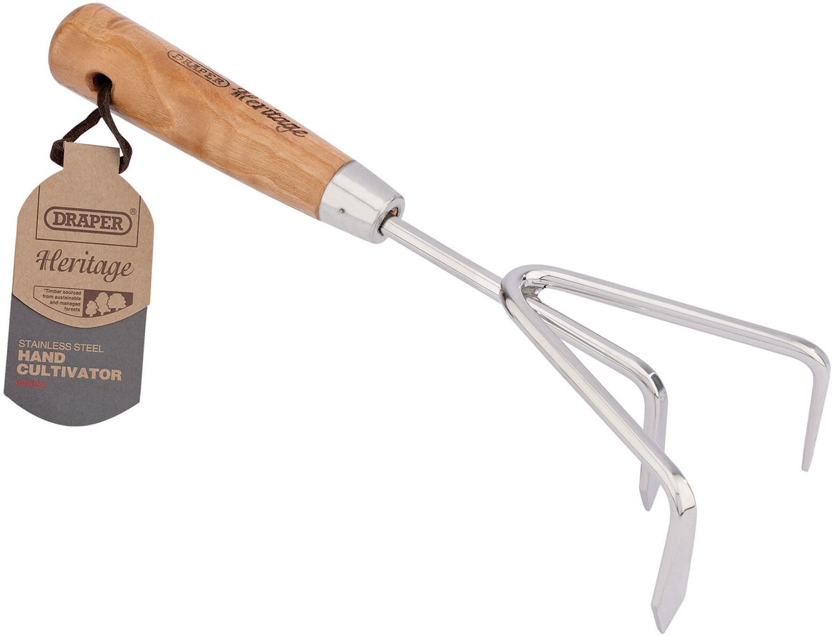 Draper Heritage roestvrijstalen handcultivator met essenhouten handvat