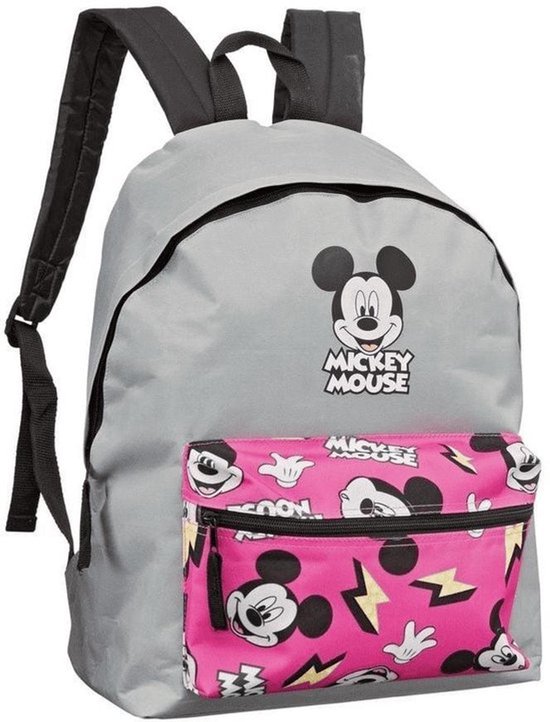 Grijze Mickey Mouse rugzak met een opvallende roze voorzak met verschillende Mickey Mouse gezichten en bliksemprints.