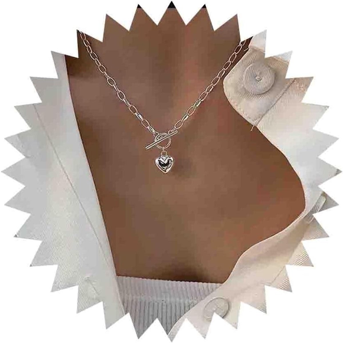 Klein hartvormig zilveren pendant halsketting met toggle sluiting, minimalistische choker en paperclip ontwerp voor dames, perfect voor elke gelegenheid