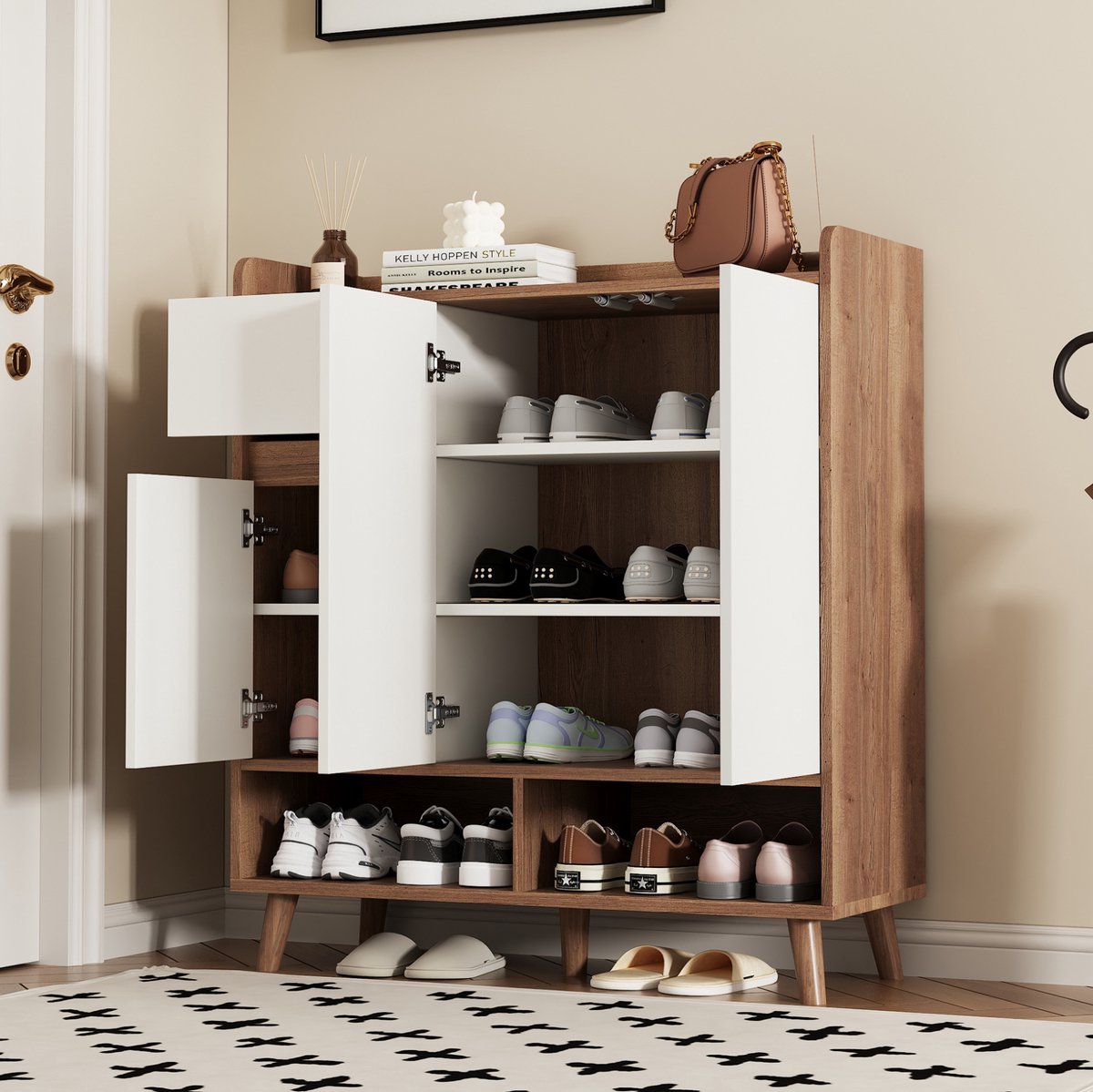 HAUSS SPOLE Schoenenkast - Verstelbare Planken En Grote Opbergruimte - Voor Hal En Woonkamer - Spaanplaat - 90x35x99 Cm - Wit Naturel