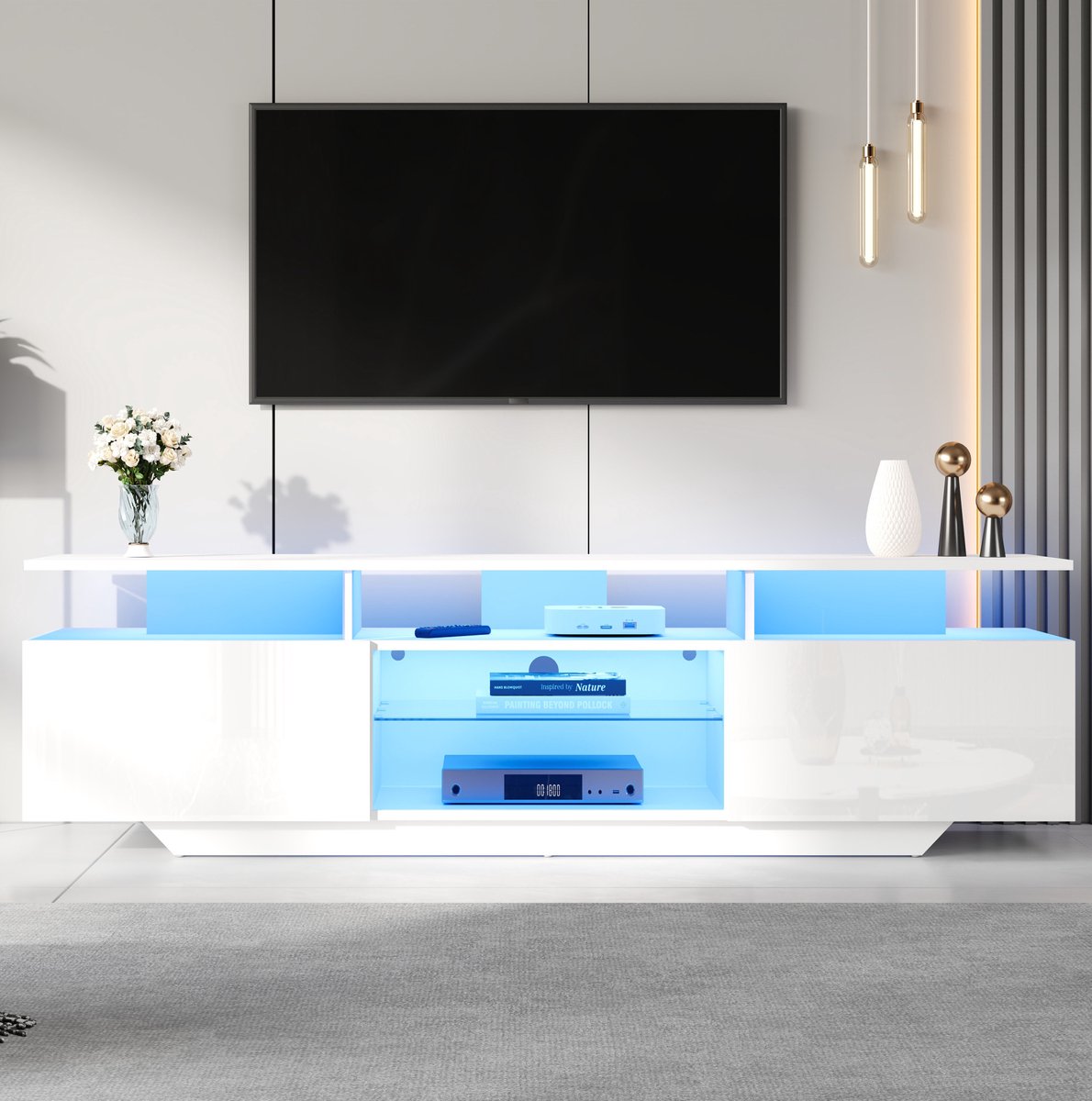 HAUSS SPOLE TV Meubel - Hoogglans Met Ledverlichting En Opbergruimte - Voor Woonkamer - MDF En Glas - 160 X 40 X 45 Cm - Wit