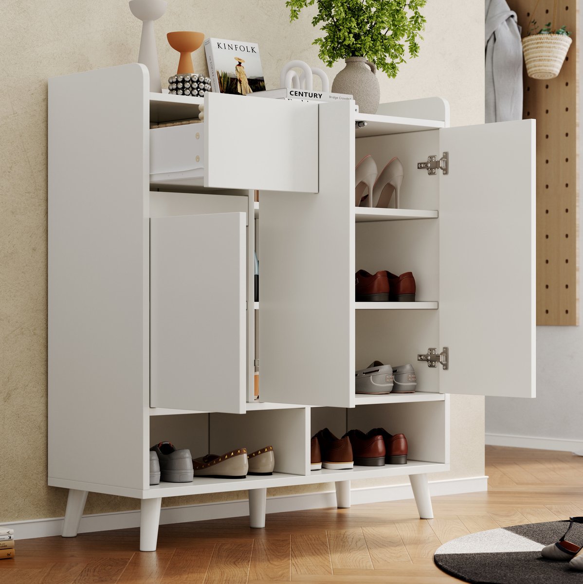 HAUSS SPOLE Schoenenkast - Verstelbare Legplanken En Anti-Kantelbeschermer - Staande Opbergkast Voor Hal - Spaanplaat - 90x35x99 Cm - Wit