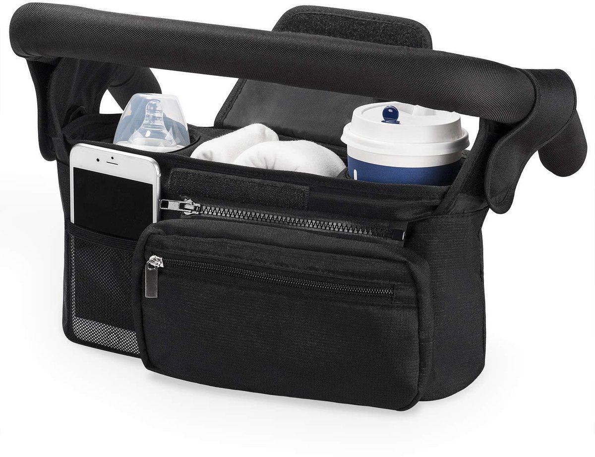 Universele kinderwagen opbergtas, kinderwagen organizer met ritsvak, grote inhoud met geïsoleerde fleshouders, zwart