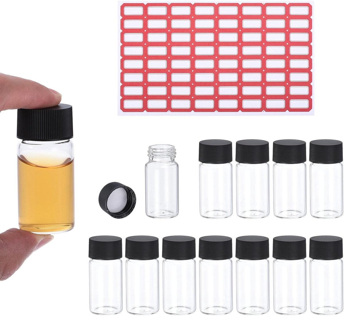 Doorzichtige glazen flacons 20 ml, 50 stuks monsterflesjes met schroefdop en etiketten voor laboratoriumgebruik, lekvrije reagensflessen voor vloeistoffen