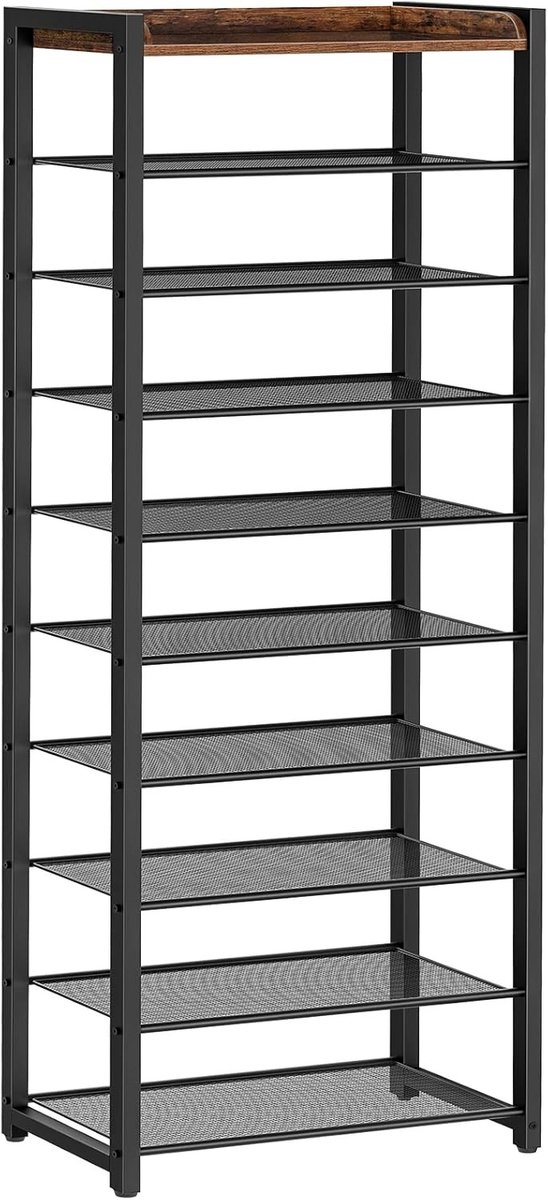 Narrow Schoenenrek met 10 Niveaus voor 18-25 Paar Schoenen, Ruimtebesparend voor Hal en Woonkamer, Donkerbruin en Zwart