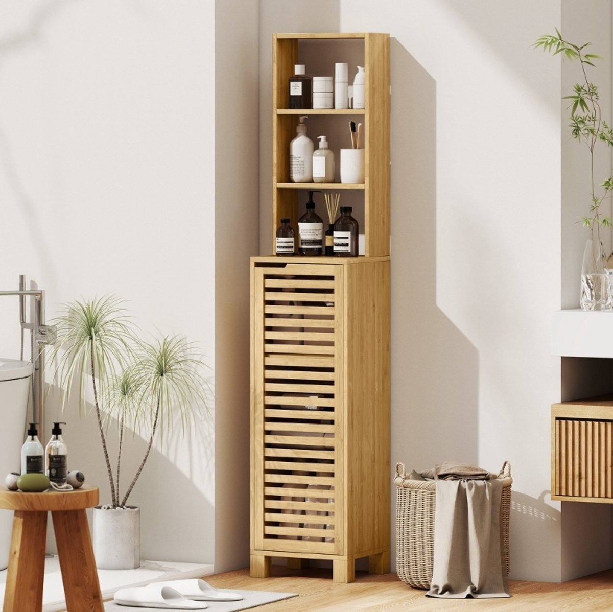 MEUNIQ badkamerkast 34 x 30 x 170 cm smalle hoge kast met 3 open vakken, lamellendeur en v