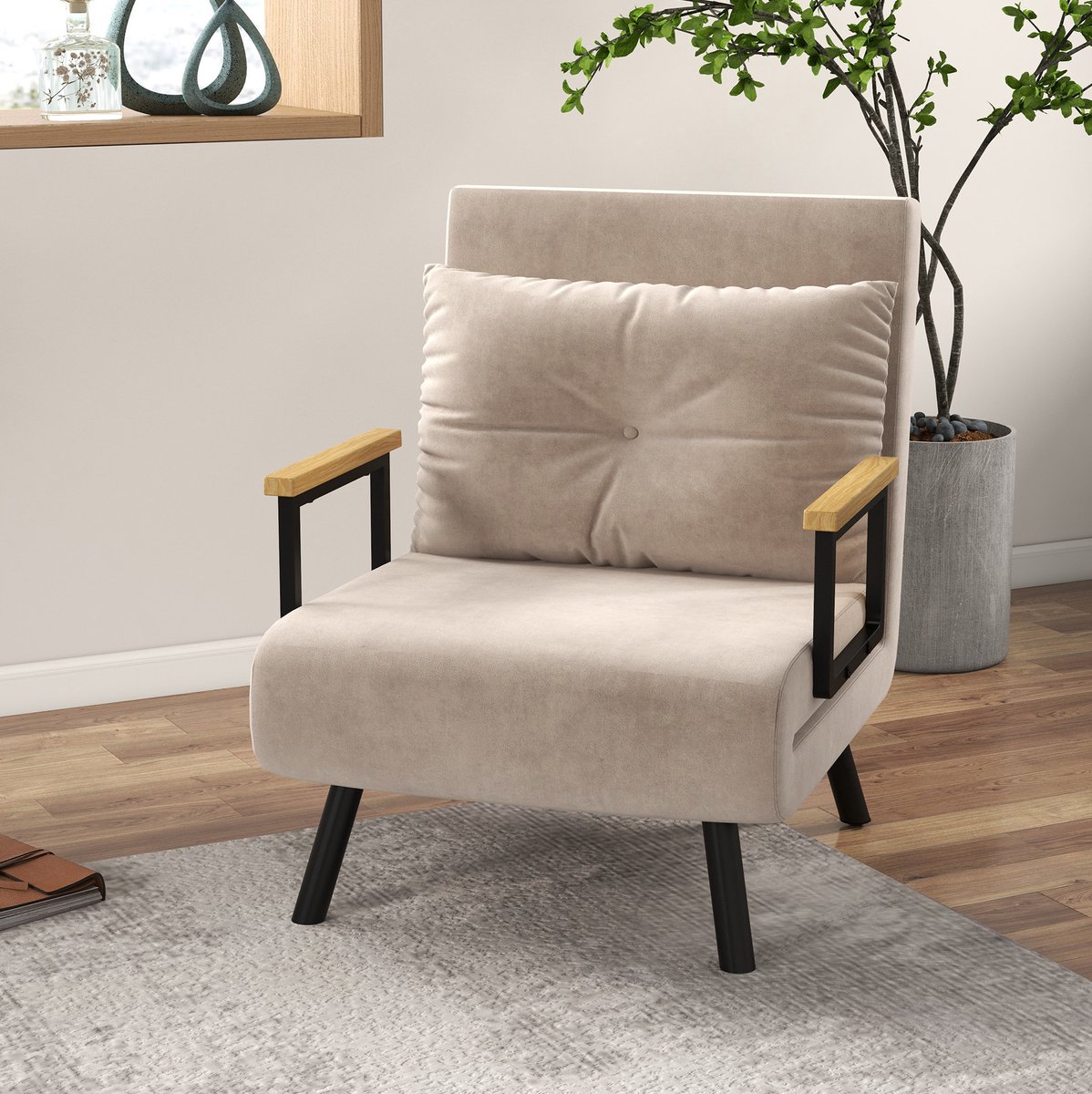 MEUNIQ slaapfauteuil met bedfunctie 63 x 73 x 81 cm, handmatig verstelbare rugleuning tot 180°, velvet look, armleuningen en kussen, beige, voor woonkamer