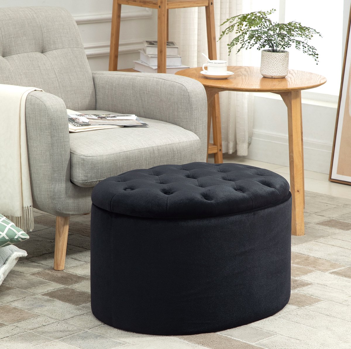 MEUNIQ opbergpoef ovaal 71 x 52 x 42 cm met verborgen opbergruimte, gestoffeerde hocker met afneembaar deksel en knoopdetails voor woonkamer of slaapkamer, zwart