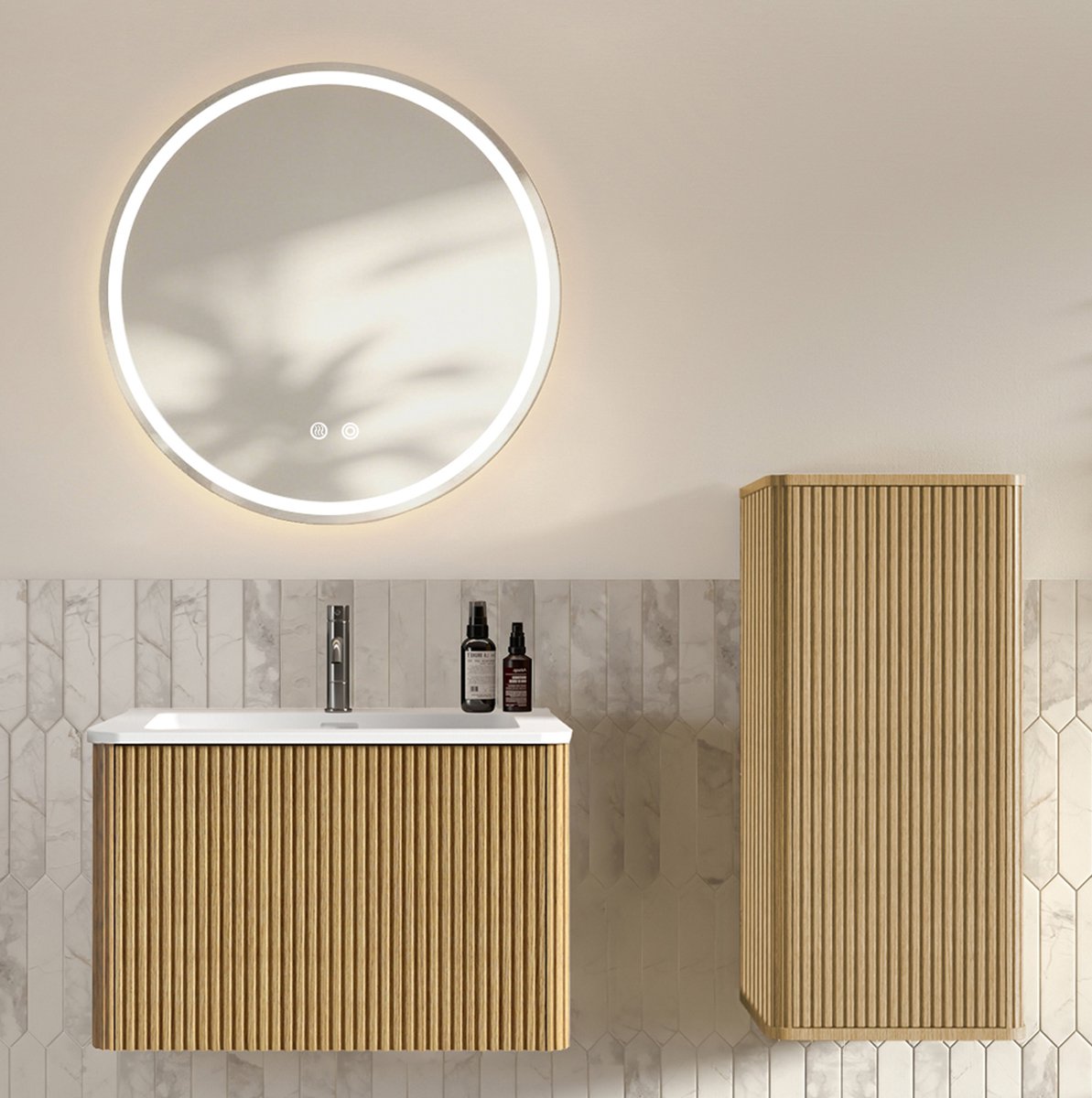 MIVRAY Badkamerkast Set - Wandhangend Met Wastafel En LED Spiegel - Met Zijkast Voor Kleine Badkamer - Eikenkleur En Wit - 61x46,5x75 Cm