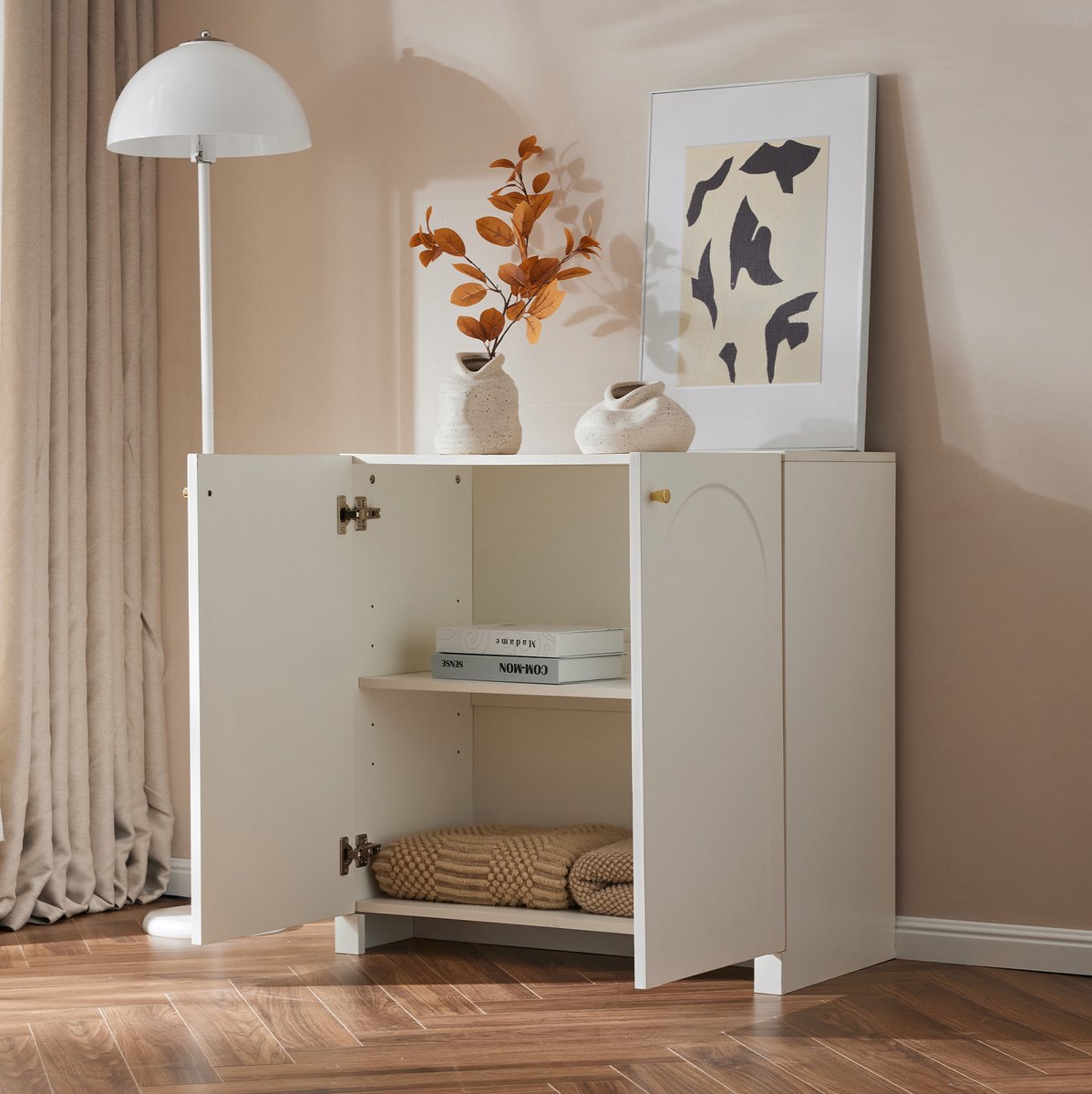 HAUSS SPOLE Dressoir - Opbergkast Met 2 Deuren En Boogpatroon - Voor Slaapkamer En Woonkamer - Spaanplaat - 80 X 40 X 80 Cm - Wit