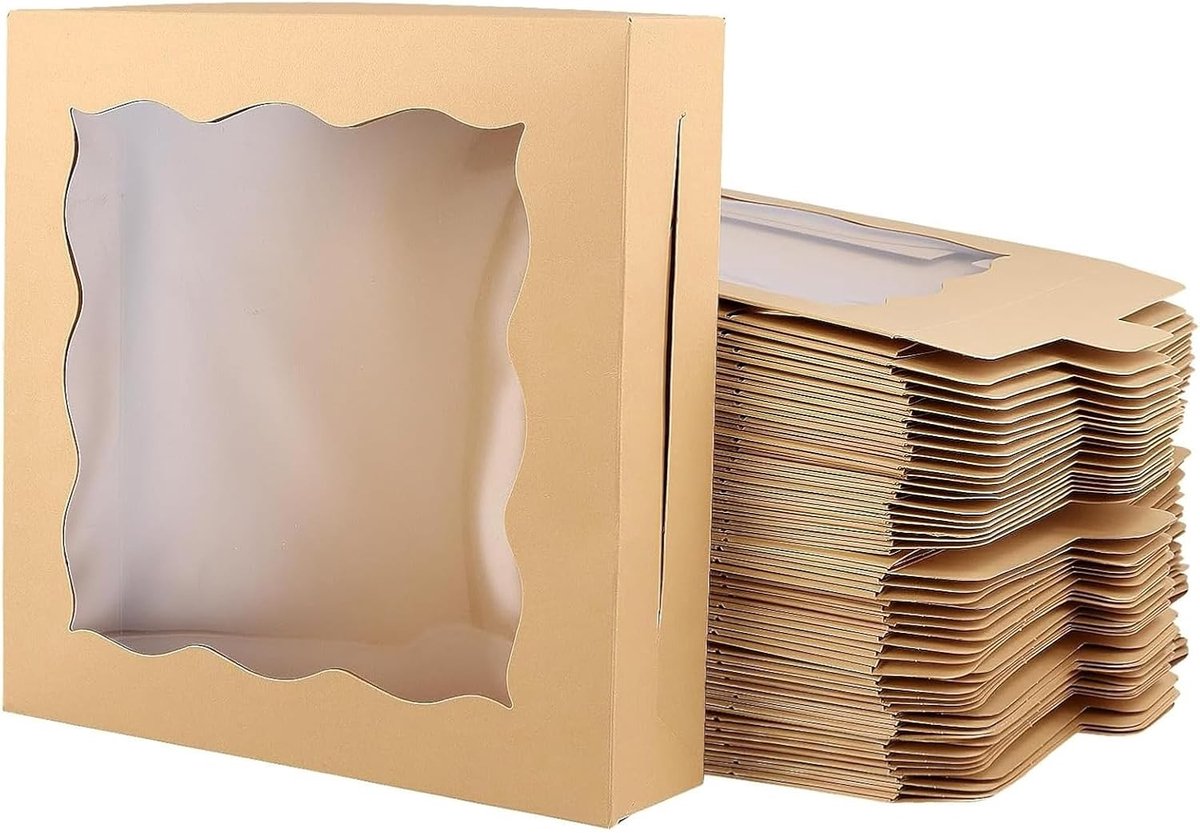 Set van 50 vierkante kraft papieren dozen met transparant venster, grote dozen voor taarten, bruine platte cakeboxen voor gebak en desserts