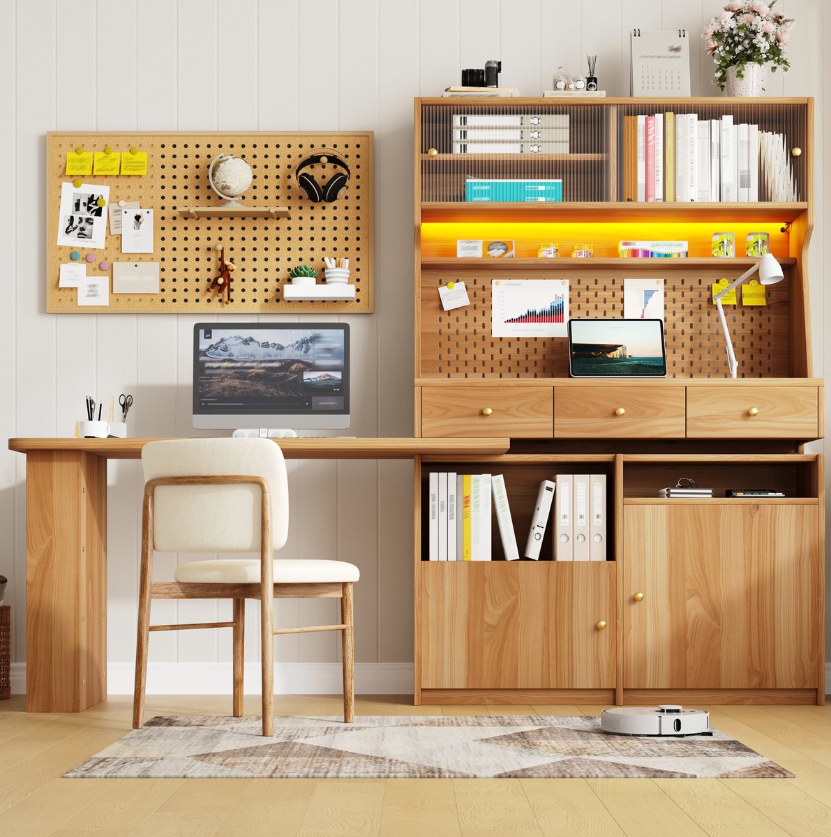 Wishdor - Multifunctionele kast - Bureau en bartafel - Glazen schuifdeur en verstelbare planken - Modern - Woonkamer of eetkamer - Houtlook - Naturel - 137 x 74 x 177,7 cm