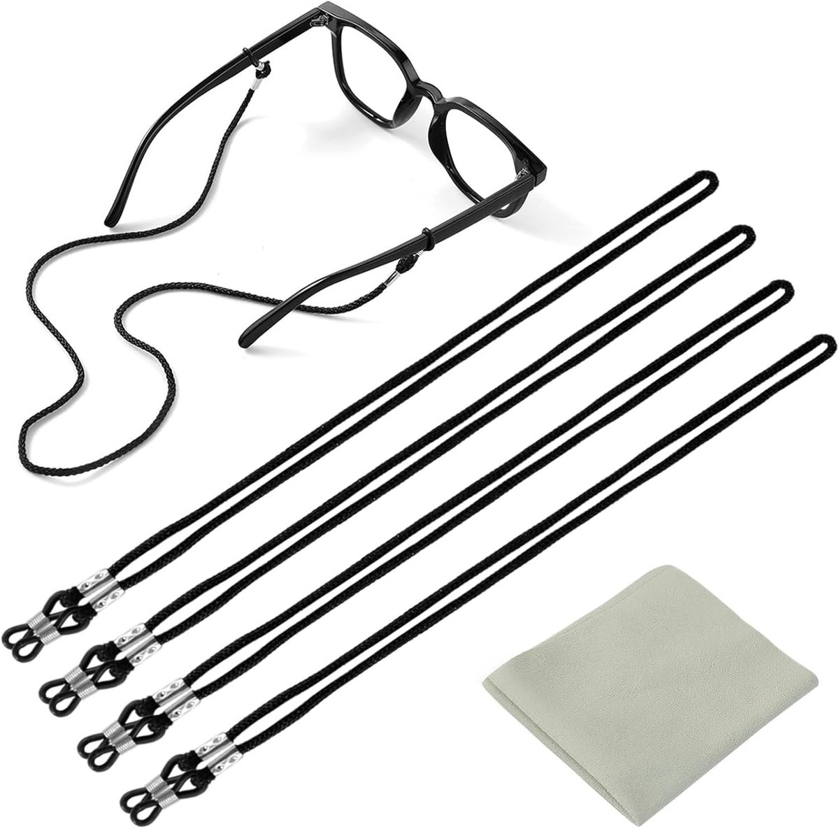 Set van 4 Unisex Brillenkettingen met Zwarte Brillenkoord en Microvezeldoek voor Sport, Kamperen en Buitenactiviteiten