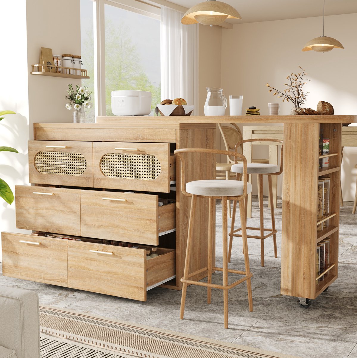 DESMIU Bartafel - Uitschuifbaar En 360 Graden Draaibaar - Met 6 Lades Voor Keuken En Woonkamer - MDF En Metaal - 128-203x39x90 Cm - Naturel