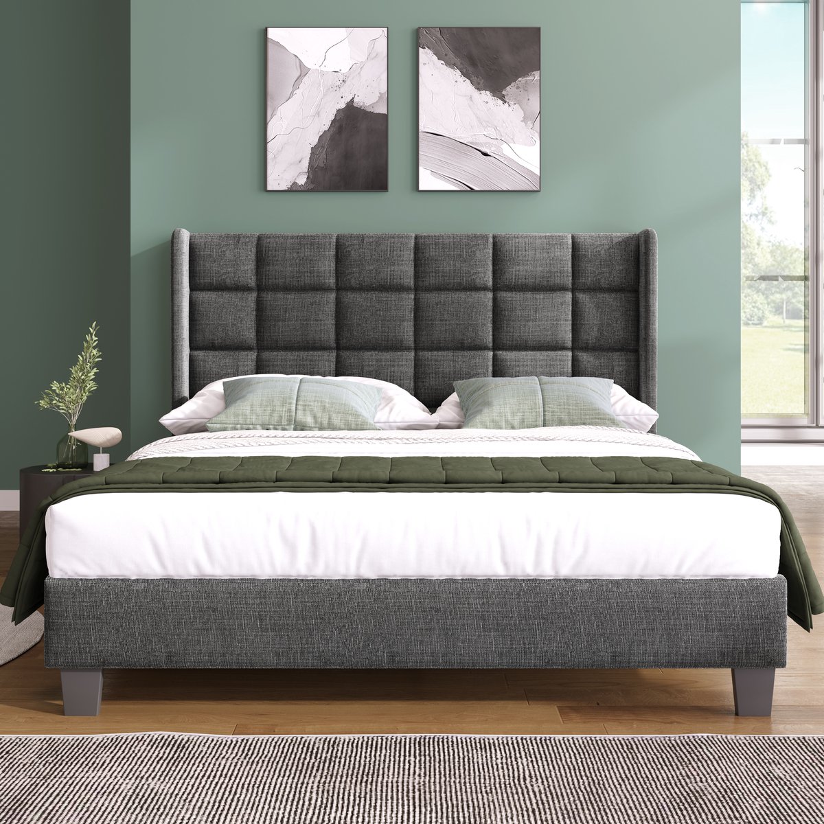 Polsterbed Doppelbett 140x200 cm - Gepolsterd hoofdeinde Inclusief lattenbodem Middelhard - Grijs linnen Zwarte poten