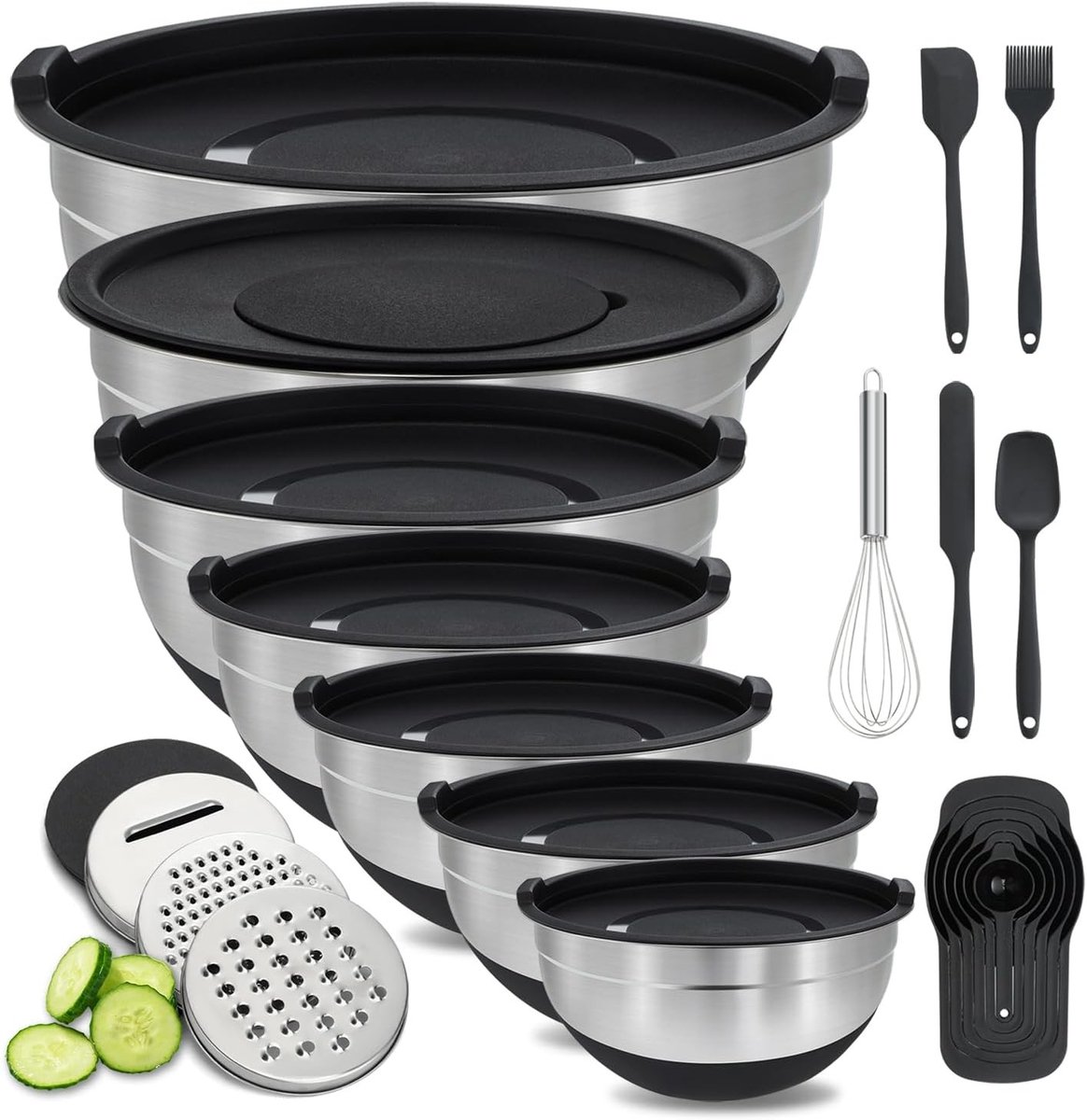 Mixkommen Set met Deksel - 7 Stuks RVS Mengkommen met Rasp, Nestbaar Ontwerp en Antislip Basis voor Mixen en Serveren
