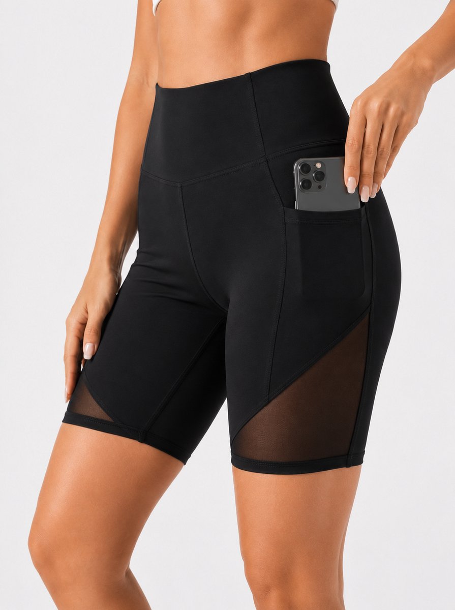 SparkNine Powermesh dames short - korte broek- fitness - stijlvolle mesh - met zakken - M - zwart - high-waist - ademend & squatproof