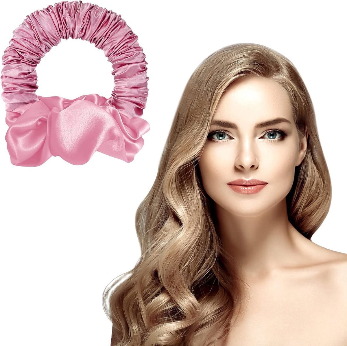 Zachte Haarrollers voor Krullen zonder Hitte, Ideaal voor Lang en Middellang Haar, Perfecte Nachtkrullen met Satijnen Hoofdband en Scrunchie (Roze)