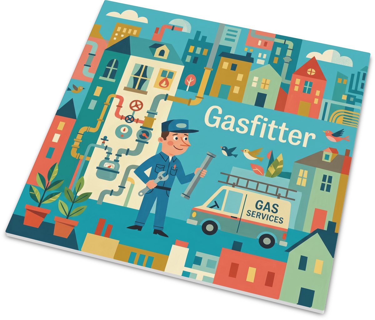 Tegeltje Gasfitter Retro Jaren 50 Mid - Century Gouache Illustratie Wandtegeltje met Mat A