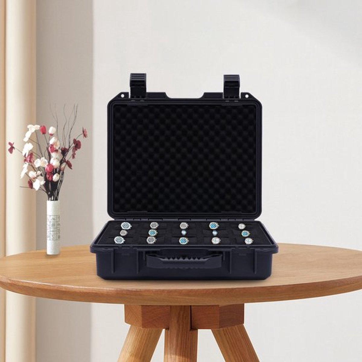 Horlogekoffer – Horlogebox – Horlogedoos – Opbergdoos – Watch Case – 15 Vakjes – Sluiting Met Gesp – Waterbestendig Kunststof – Zwart – Stoot- En Krasbestendig – Handgreep