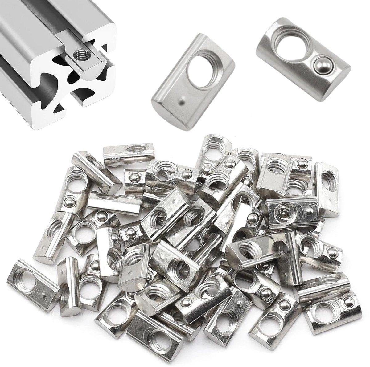 50 stuks M6 T-moeren met veer, koolstofstaal, voor aluminium profielen, CNC-toepassingen en 3D-printen, groefbreedte 6 mm