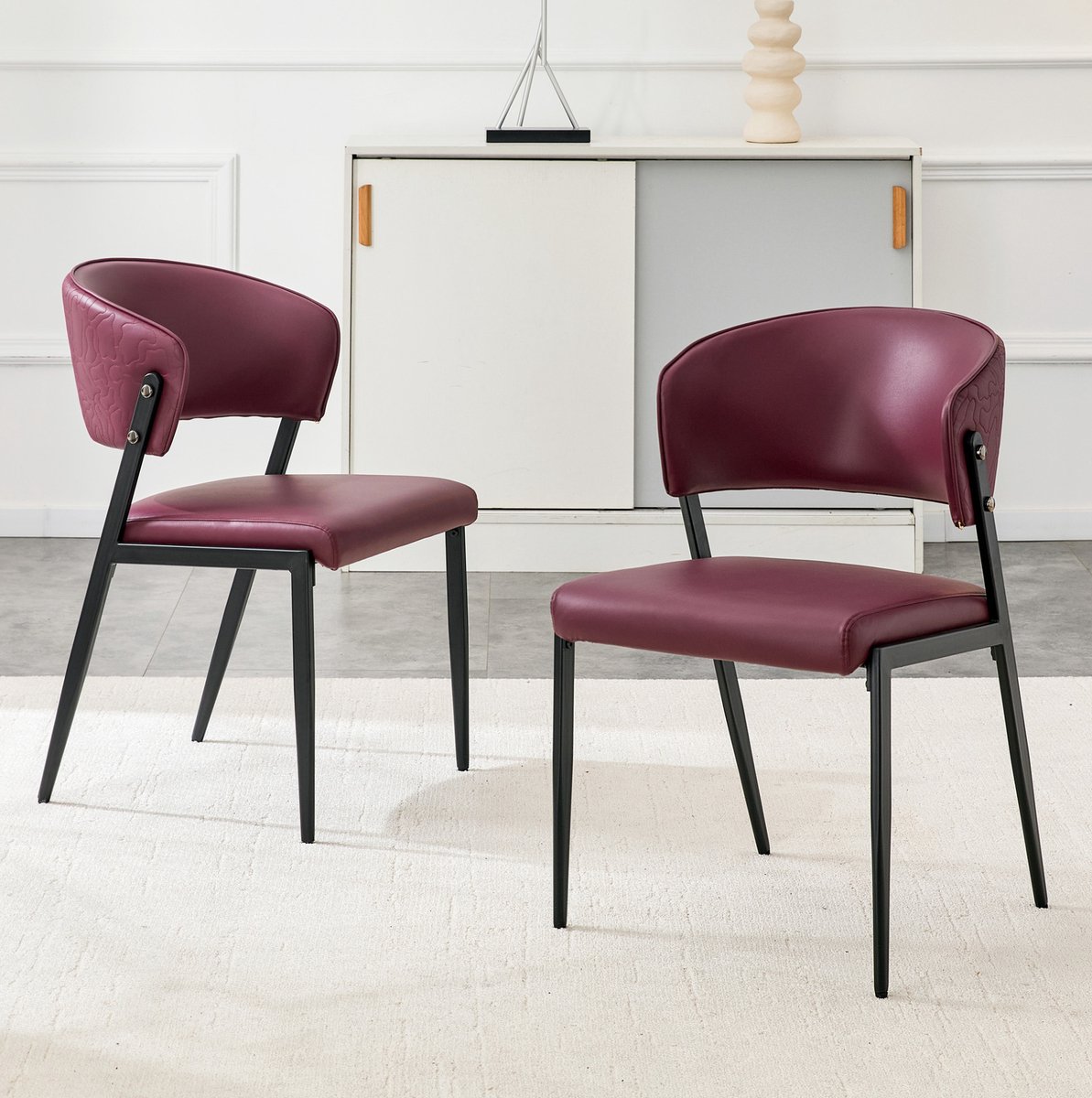 MIVRAY Eetkamerstoel - Modern Gestoffeerd - Set van 2 - Ergonomische Rugleuning en Metalen Onderstel - Voor Eetkamer en Woonkamer - Kunstleer Rood