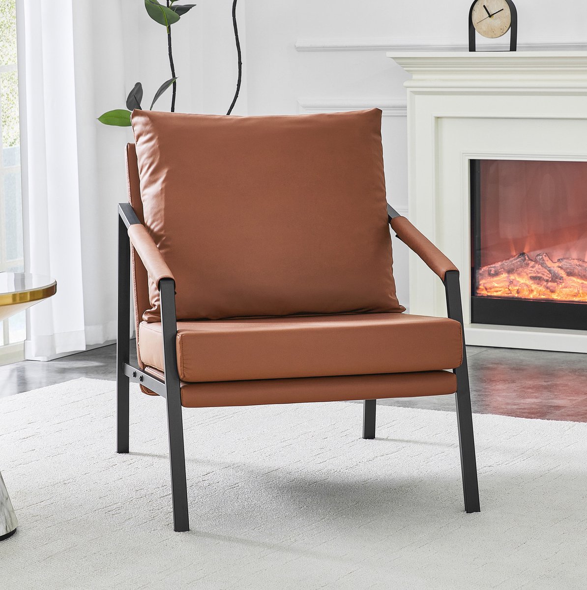 MIVRAY Fauteuil 67 x 67 x 80 cm - Gewatteerde Leesfauteuil Met Metalen Frame - Voor Woonkamer En Kantoor - Kunstleer Metaal - Zwart Bruin