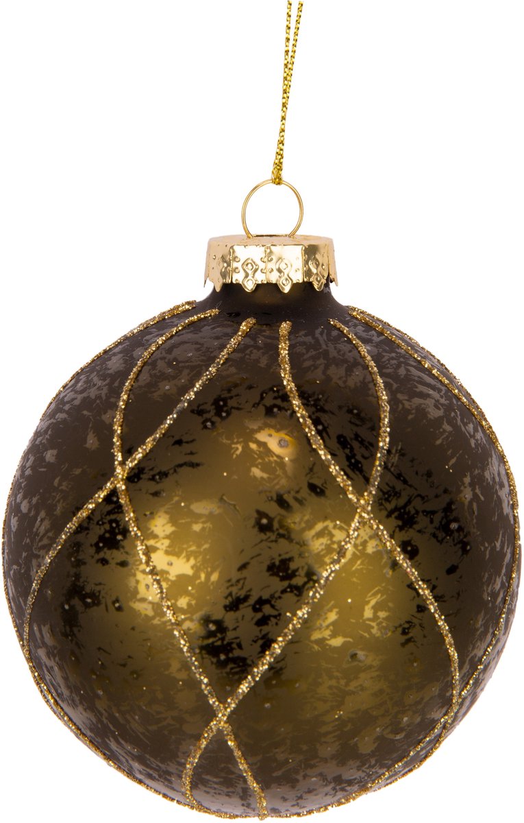 Kerstbal Antique Glitter Gold Groen 8x8x H8cm Rond Glas