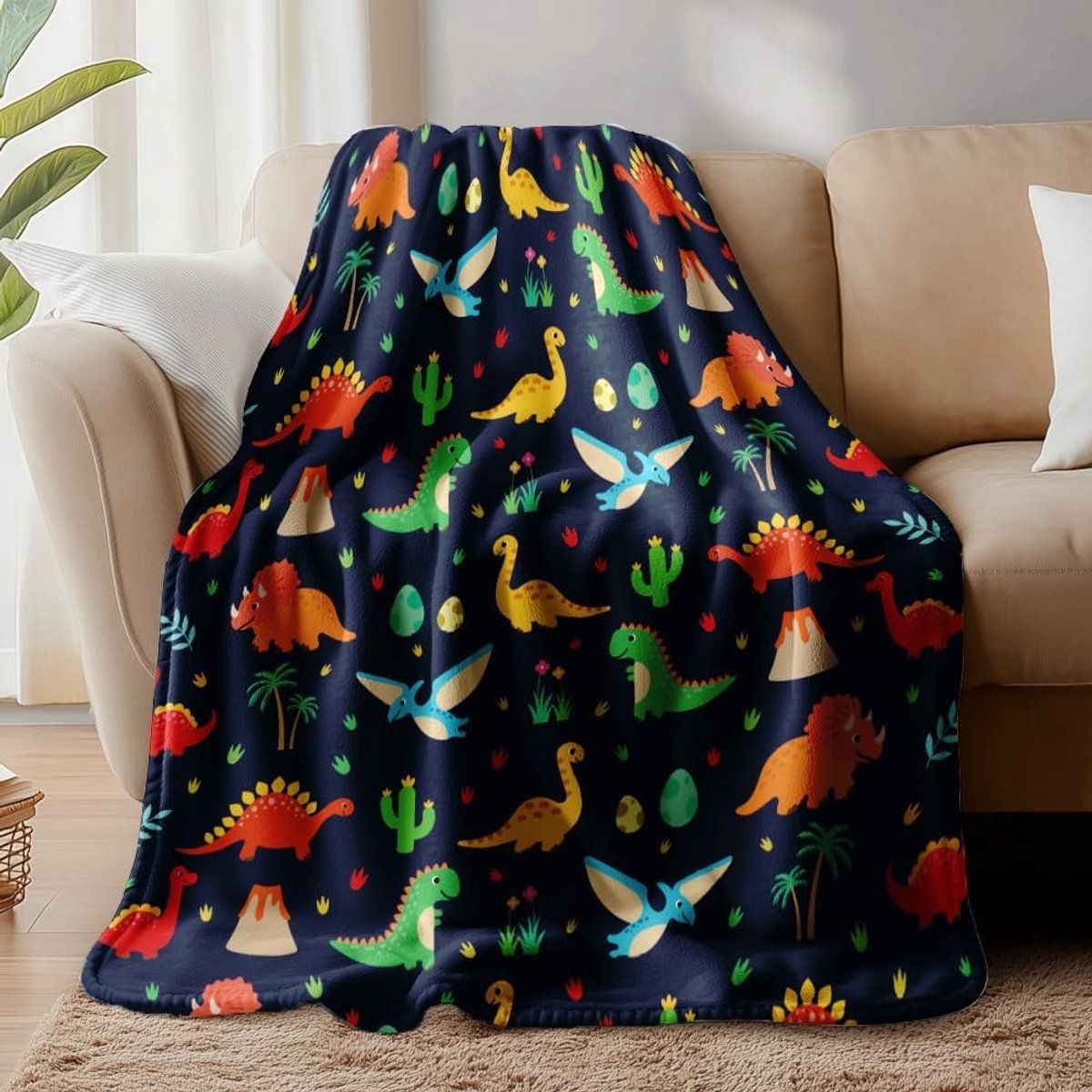 Dinosaur Fleece Dekbedovertrek, Zacht en Knuffelig Flanel met Dino's en Palmbomen, Perfect