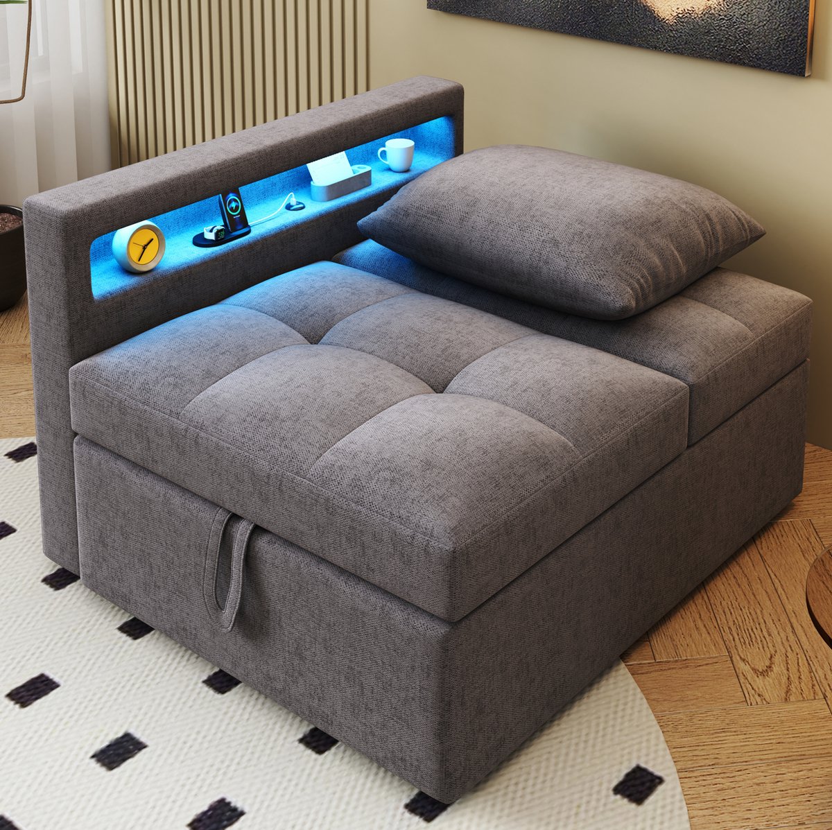 DESMIU Slaapbank 177 x 68 x 65 cm - 3 In 1 Met Verstelbare Rugleuning Led En USB Type C - Voor Kleine Ruimtes - Linnen Donkergrijs