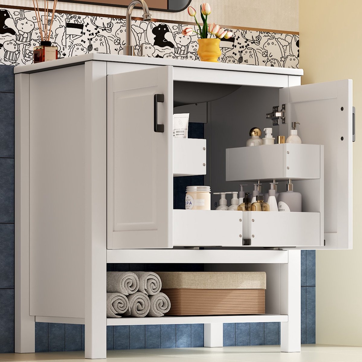 MIVRAY Wastafelonderkast - Vrijstaand Met Geïntegreerde Keramische Wastafel En Dubbele Deuren - Voor Badkamer - MDF En Wit - 76,5x47x83 Cm