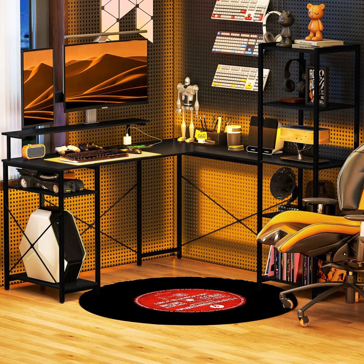 MIVRAY Hoekbureau - L-Vormig Bureau Met Monitorstandaard En Laadstation - 6 Opbergrekken Voor Thuiskantoor - Zwart Metaal - 137x140x139,5 Cm