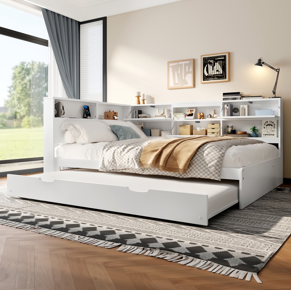 MEUNIQ daybed 140x200 cm met opberghoofdbord, uitschuifbaar logeerbed 90x190 cm, USB en Type-C, slaapbank voor slaapkamer of logeerkamer, wit