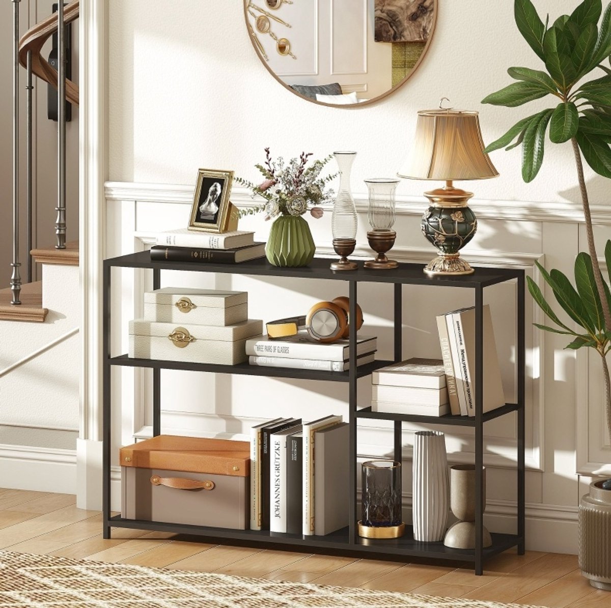 MEUNIQ Sidetable 110 x 30 x 75 cm met 4 planken, stalen frame en anti-kipontwerp, zwarte konsolentafel voor hal, woonkamer of slaapkamer