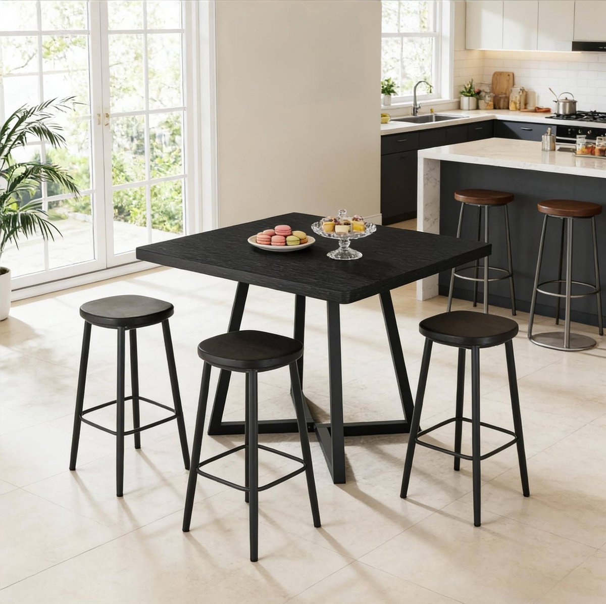 HAUSS SPOLE Eettafel - Vierkante Industriele Tafel Voor 2 Tot 4 Personen - Keuken, Eethoek Of Werkruimte - MDF En Metaal - 80x80x75 Cm - Zwart