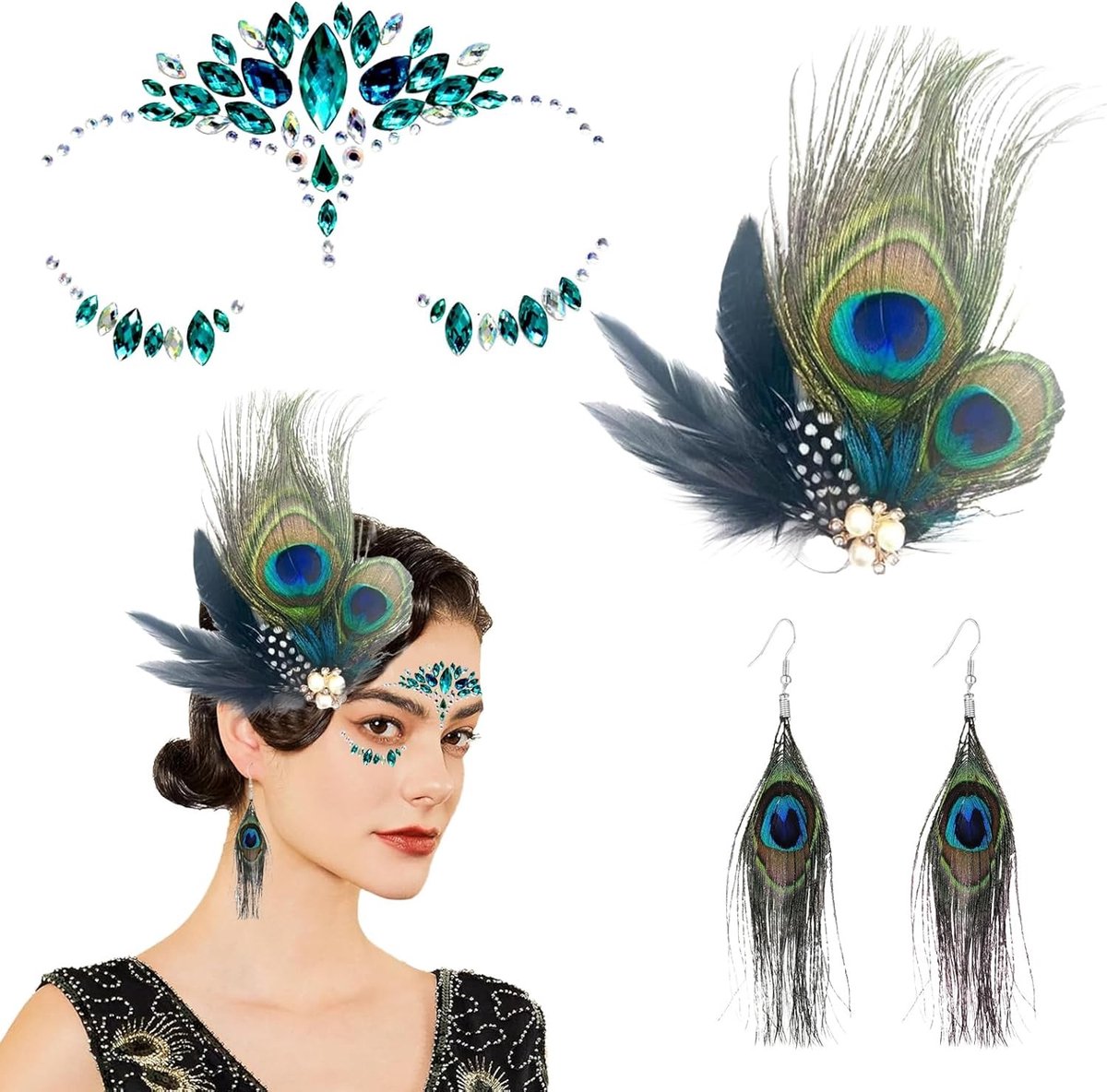 Drie-delige pauwenkostuum voor vrouwen met pauwenveren, haarsieraden, oorbellen en hoofdband voor carnaval en feestelijke evenementen