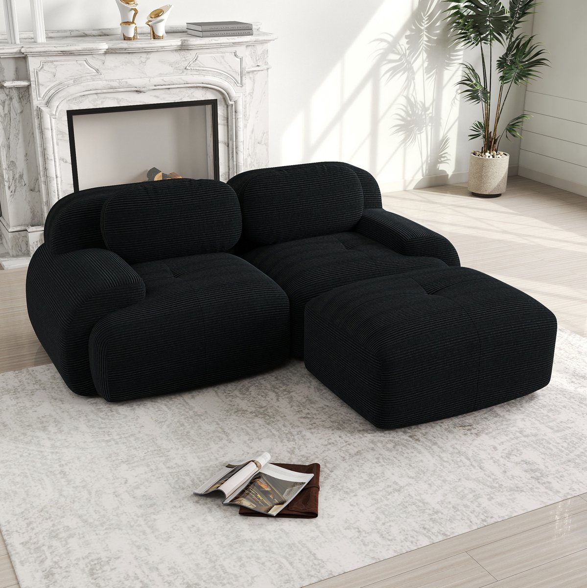 DESMIU Hoekbank 208 x 178 cm - Modulair Zonder Montage Met Hoogelastisch Schuim - Voor Woonkamer En Slaapkamer - Corduroy Zwart
