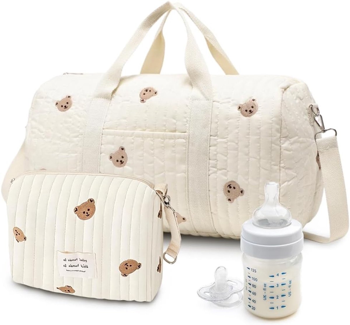 Grote Set van 2 Baby Luiertassen met Schouderriem en Rits voor Ziekenhuis en Reizen, Katoen met Geborduurd Teddybeer Patroon