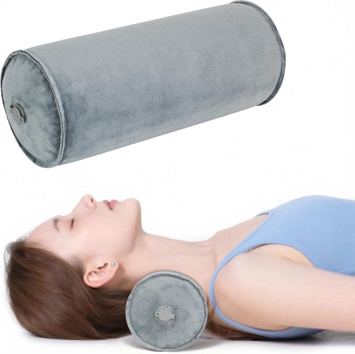 SnelShoppen - Opblaasbaar Rond Reispiloot 12.5x38cm, Zachte Velvet Nekrol Kussen voor Camping, Knie Rol Kussens, Compact en Lichtgewicht Armsteun voor